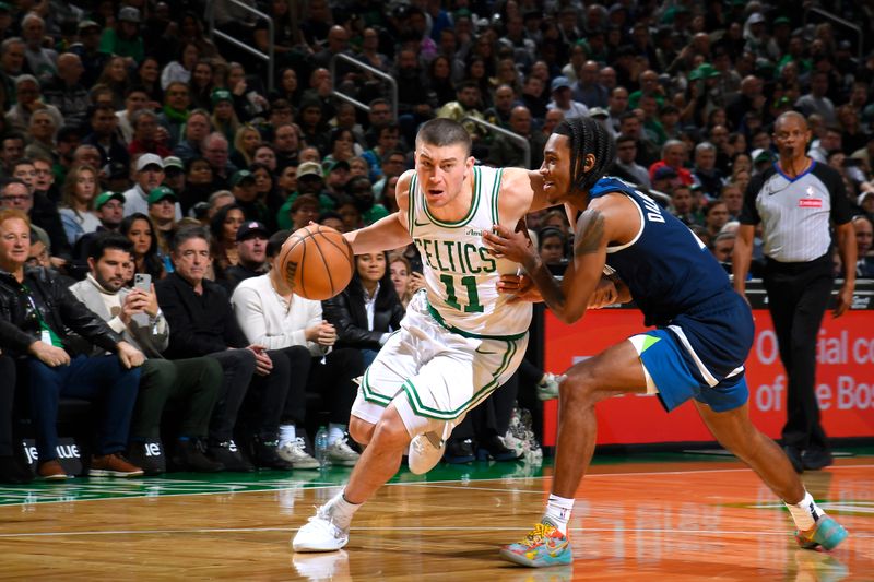 BOSTON, MA - NOVEMBER 24: Payton Pritchard #11 of the Boston Celtics handles the ball during the game against the Minnesota Timberwolves on November 24, 2024 at the TD Garden in Boston, Massachusetts. NOTE TO USER: User expressly acknowledges and agrees that, by downloading and or using this photograph, User is consenting to the terms and conditions of the Getty Images License Agreement. Mandatory Copyright Notice: Copyright 2024 NBAE(Photo by Brian Babineau/NBAE via Getty Images)