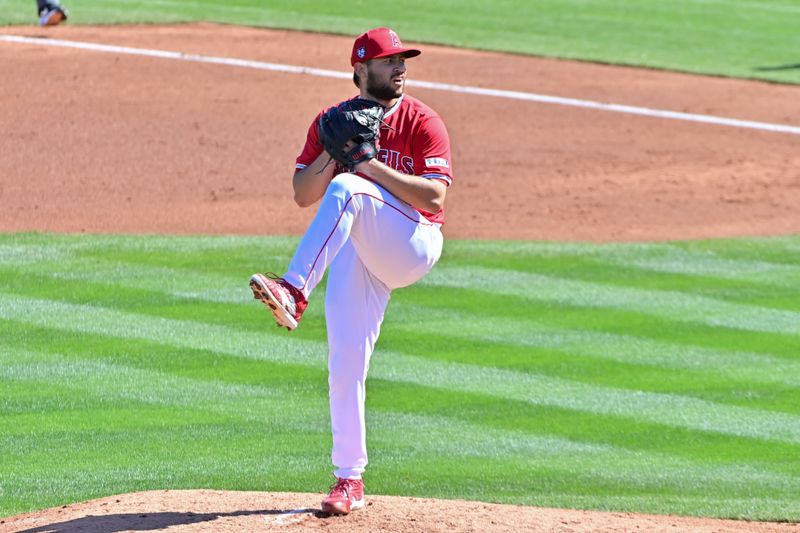 Feb 29, 2024; Tempe, Arizona, USA;  Los Angeles Angels starting pitcher Chase Silseth (63) throws in the third inning against the Cleveland Guardians during a spring training game at Tempe Diablo Stadium. Mandatory Credit: Matt Kartozian-USA TODAY Sports