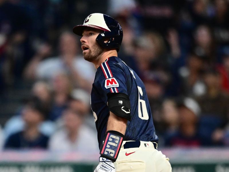 May 31, 2024; Cleveland, Ohio, USA; Cleveland Guardians catcher David Fry (6) watches his three run home run during the seventh inning against the Washington Nationals at Progressive Field. Mandatory Credit: Ken Blaze-USA TODAY Sports