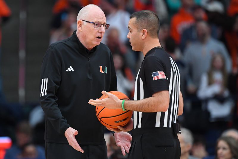 Jan 20, 2024; Syracuse, New York, USA; Miami (Fl) Hurricanes head coach Jim Larranaga reacts to a call against the Syracuse Orange during the first half at the JMA Wireless Dome. Mandatory Credit: Rich Barnes-USA TODAY Sports