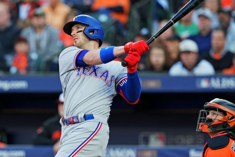 Oct 8, 2023; Baltimore, Maryland, USA; Texas Rangers catcher Mitch Garver (18) hits a grand slam home run during the third inning against the Baltimore Orioles during game two of the ALDS for the 2023 MLB playoffs at Oriole Park at Camden Yards. Mandatory Credit: Mitch Stringer-USA TODAY Sports