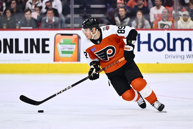 Jan 27, 2024; Philadelphia, Pennsylvania, USA; Philadelphia Flyers right wing Cam Atkinson (89) controls the puck against the Boston Bruins in the first period at Wells Fargo Center. Mandatory Credit: Kyle Ross-USA TODAY Sports