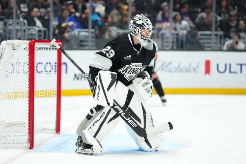 Dec 23, 2025; Los Angeles, California, USA; LA Kings goaltender Pheonix Copley (29) defends the goal against the Seattle Kraken in the third period at Crypto.com Arena. Mandatory Credit: Kirby Lee-Imagn Images