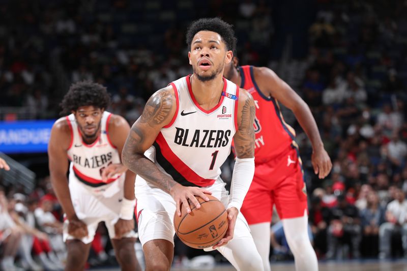 CHICAGO, IL - NOVEMBER 4: Anfernee Simons #1 of the Portland Trail Blazers shoots a free throw during the game against the New Orleans Pelicans on November 4, 2024 at Smoothie King Center in New Orleans, Louisiana. NOTE TO USER: User expressly acknowledges and agrees that, by downloading and or using this photograph, User is consenting to the terms and conditions of the Getty Images License Agreement. Mandatory Copyright Notice: Copyright 2024 NBAE (Photo by Jeff Haynes/NBAE via Getty Images)