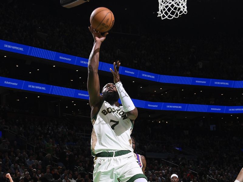 BOSTON, MA - MARCH 14: Jaylen Brown #7 of the Boston Celtics drives to the basket during the game against the Phoenix Suns on March 14, 2024 at the TD Garden in Boston, Massachusetts. NOTE TO USER: User expressly acknowledges and agrees that, by downloading and or using this photograph, User is consenting to the terms and conditions of the Getty Images License Agreement. Mandatory Copyright Notice: Copyright 2024 NBAE  (Photo by Brian Babineau/NBAE via Getty Images)