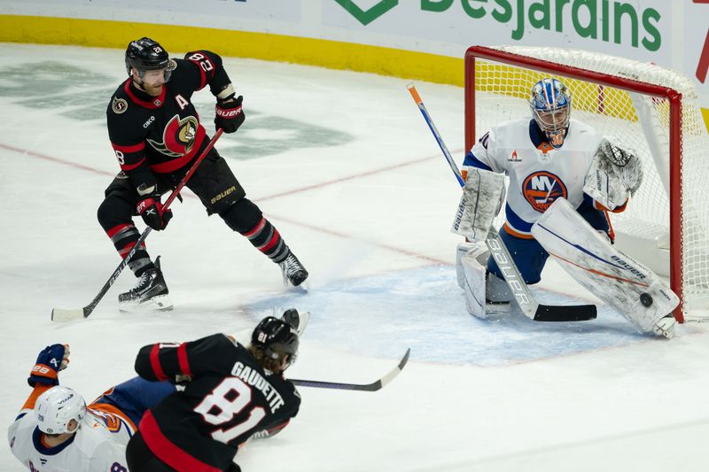 Dec 8, 2024; Ottawa, Ontario, CAN; New York Islanders goalie Ilya Sorokin (30) makes a save on a shot from Ottawa Senators right wing Adam Gaudette (81) in the third period at the Canadian Tire Centre. Mandatory Credit: Marc DesRosiers-Imagn Images