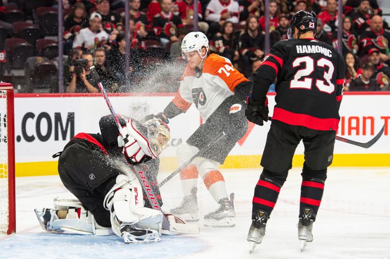 Oct 14, 2023; Ottawa, Ontario, CAN; Ottawa Senators goalie Anton Forsberg (31) makes a save in front of Philadelphia Flyers right wing Owen Tippett (74) in the second period at the Canadian Tire Centre. Mandatory Credit: Marc DesRosiers-USA TODAY Sports