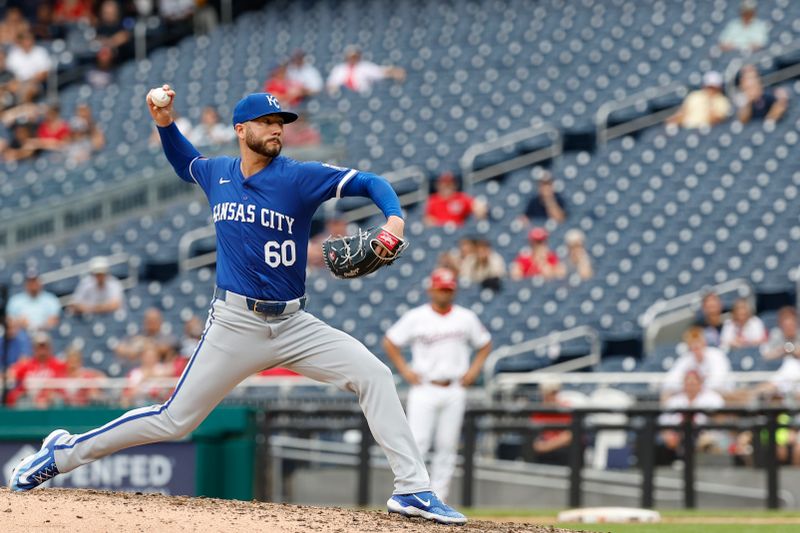 Sep 26, 2024; Washington, District of Columbia, USA; Kansas City Royals closing pitcher Lucas Erceg (60) pitches against the Washington Nationals during the ninth inning at Nationals Park. Mandatory Credit: Geoff Burke-Imagn Images