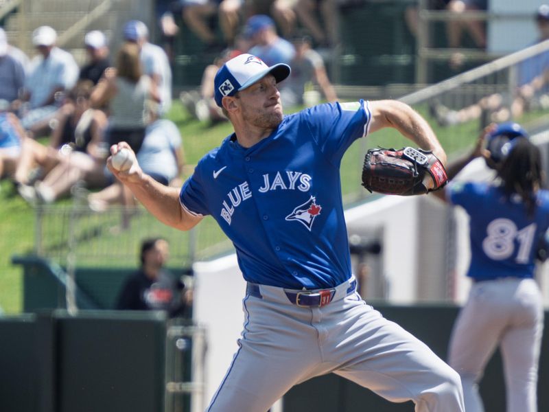 Mar 22, 2025; Fort Myers, Florida, USA; Toronto Blue Jays pitcher Max Scherzer (31) pitching against the Minnesota Twins in the first inning at  at Lee Health Sports Complex. Mandatory Credit: Chris Tilley-Imagn Images