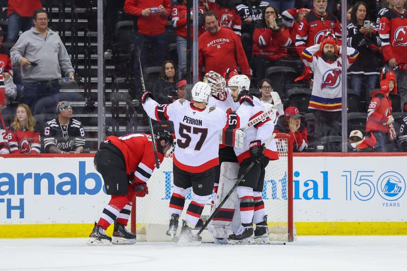 Mar 22, 2025; Newark, New Jersey, USA; The Ottawa Senators celebrate their win over the New Jersey Devils at Prudential Center. Mandatory Credit: Ed Mulholland-Imagn Images