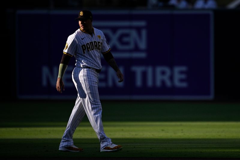 Jun 20, 2024; San Diego, California, USA; San Diego Padres third baseman Manny Machado (13) looks on before the game against the Milwaukee Brewers at Petco Park. Mandatory Credit: Orlando Ramirez-USA TODAY Sports