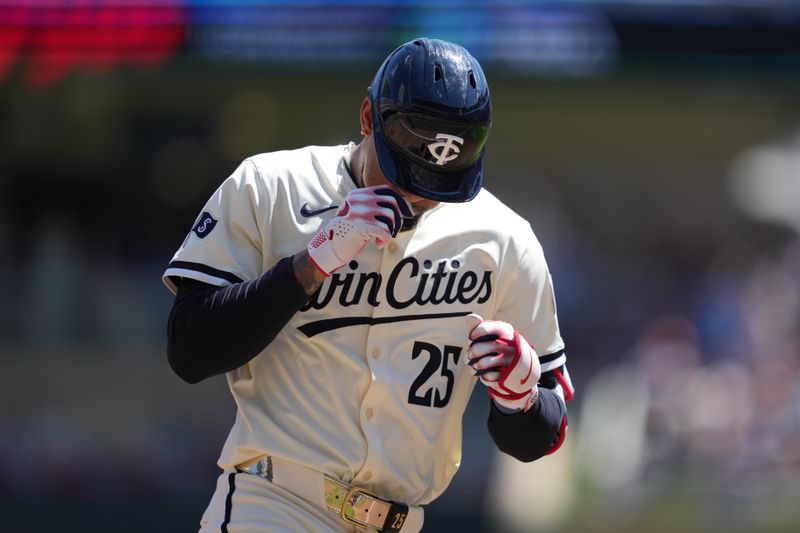 Aug 11, 2024; Minneapolis, Minnesota, USA; Minnesota Twins center fielder Byron Buxton (25) reacts to hitting a solo home run during the second inning against the Cleveland Guardians at Target Field. Mandatory Credit: Jordan Johnson-USA TODAY Sports