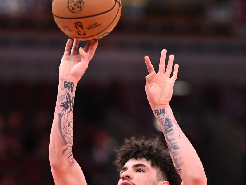 CHICAGO, ILLINOIS - JANUARY 05:  LaMelo Ball #1 of the Charlotte Hornets warms up before a game against the Chicago Bulls on January 05, 2024 at United Center in Chicago, Illinois.   NOTE TO USER: User expressly acknowledges and agrees that, by downloading and or using this photograph, User is consenting to the terms and conditions of the Getty Images License Agreement.  (Photo by Jamie Sabau/Getty Images)