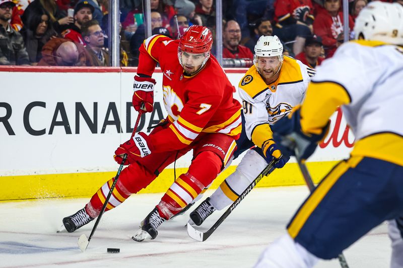 Nov 15, 2024; Calgary, Alberta, CAN; Calgary Flames defenseman Kevin Bahl (7) controls the puck against Nashville Predators center Steven Stamkos (91) during the third period at Scotiabank Saddledome. Mandatory Credit: Sergei Belski-Imagn Images