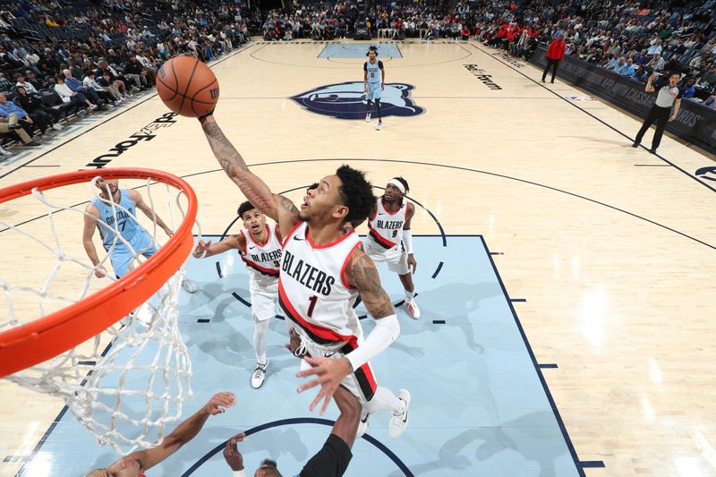 MEMPHIS, TN - MARCH 2: Anfernee Simons #1 of the Portland Trail Blazers grabs a rebound during the game against the Memphis Grizzlies on March 2, 2024 at FedExForum in Memphis, Tennessee. NOTE TO USER: User expressly acknowledges and agrees that, by downloading and or using this photograph, User is consenting to the terms and conditions of the Getty Images License Agreement. Mandatory Copyright Notice: Copyright 2024 NBAE (Photo by Joe Murphy/NBAE via Getty Images)