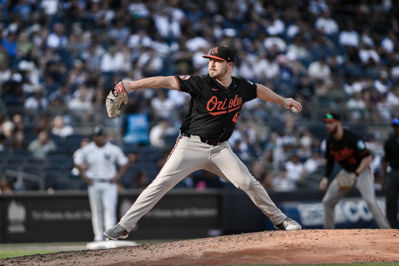 Sep 28, 2025; Bronx, New York, USA; Baltimore Orioles pitcher Keegan Akin (45) pitches against the New York Yankees during the fifth inning at Yankee Stadium. Mandatory Credit: John Jones-Imagn Images