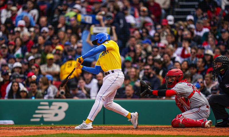 Apr 14, 2024; Boston, Massachusetts, USA; Boston Red Sox second baseman Pablo Reyes (19) hits a double to drive in a run against the Los Angeles Angels in the fifth inning at Fenway Park. Mandatory Credit: David Butler II-USA TODAY Sports