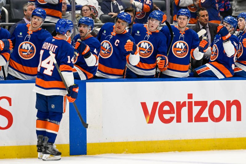 Mar 1, 2026; Elmont, New York, USA;  New York Islanders center Bo Horvat (14) celebrates his goal against the Florida Panthers during the first period at UBS Arena. Mandatory Credit: Dennis Schneidler-Imagn Images