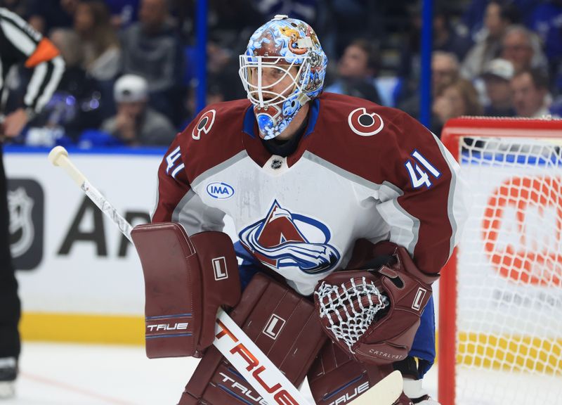 Jan 6, 2026; Tampa, Florida, USA; Colorado Avalanche goaltender Scott Wedgewood (41) looks on against the Tampa Bay Lightning] during the first period at Benchmark International Arena. Mandatory Credit: Kim Klement Neitzel-Imagn Images