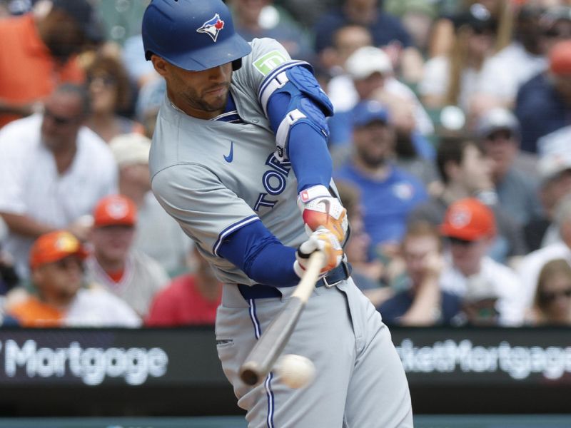 May 25, 2024; Detroit, Michigan, USA; Toronto Blue Jays outfielder George Springer (4) hits during the second inning of the game against the Detroit Tigers at Comerica Park. Mandatory Credit: Brian Bradshaw Sevald-USA TODAY Sports