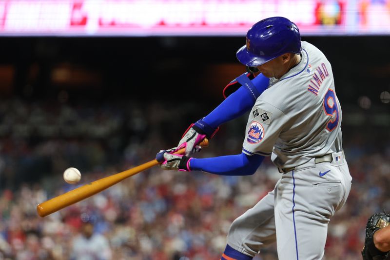 Sep 13, 2024; Philadelphia, Pennsylvania, USA; New York Mets outfielder Brandon Nimmo (9) hits a three run home run during the fifth inning against the Philadelphia Phillies at Citizens Bank Park. Mandatory Credit: Bill Streicher-Imagn Images