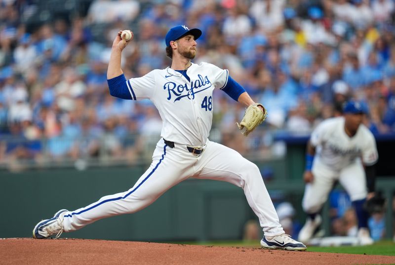 Jul 23, 2024; Kansas City, Missouri, USA; Kansas City Royals starting pitcher Alec Marsh (48) pitches during the first inning against the Arizona Diamondbacks at Kauffman Stadium. Mandatory Credit: Jay Biggerstaff-USA TODAY Sports