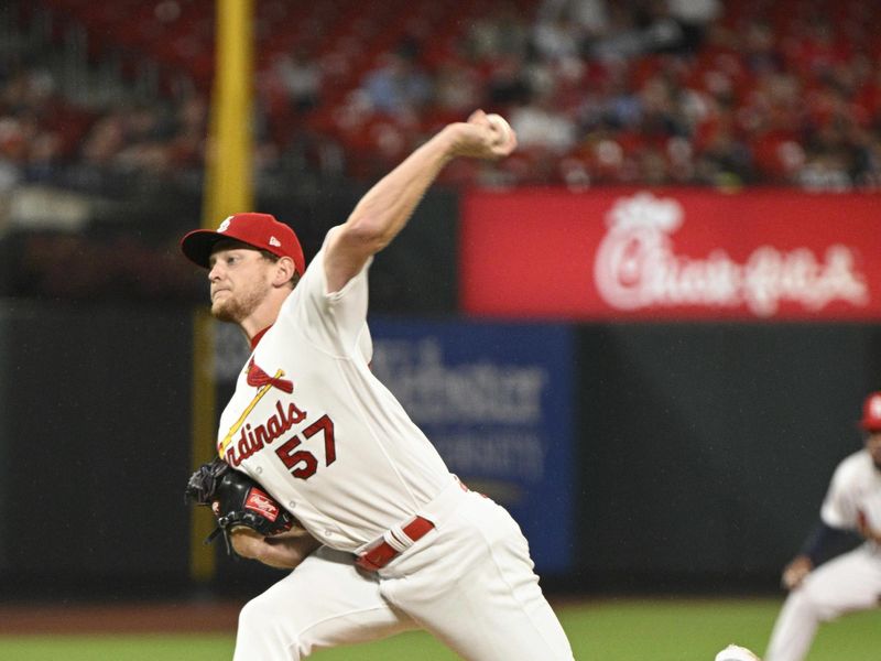 Sep 20, 2023; St. Louis, Missouri, USA; St. Louis Cardinals relief pitcher Zack Thompson (57) throws against the Milwaukee Brewers during the first inning at Busch Stadium. Mandatory Credit: Jeff Le-USA TODAY Sports