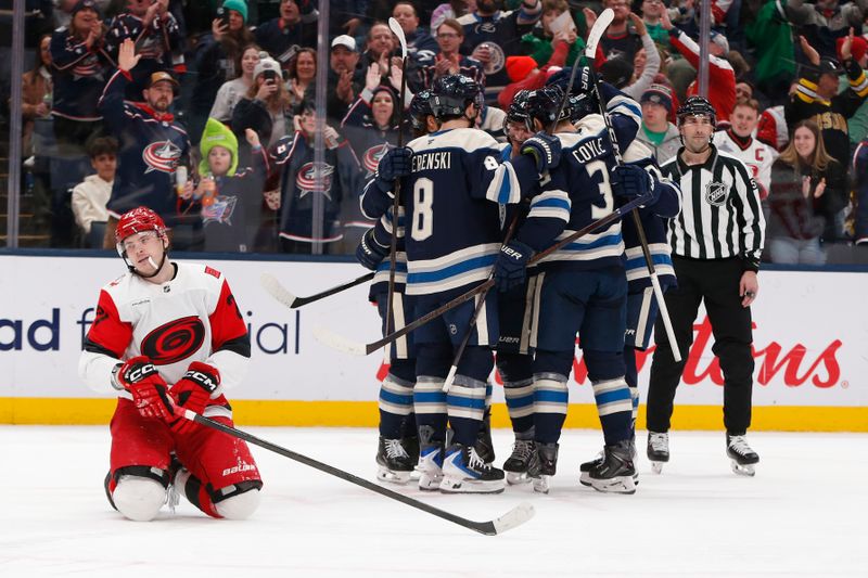 Mar 17, 2026; Columbus, Ohio, USA; Columbus Blue Jackets defenseman Danton Heinen (43) celebrates scoring a goal against the Carolina Hurricanes during the second period at Nationwide Arena. Mandatory Credit: Russell LaBounty-Imagn Images