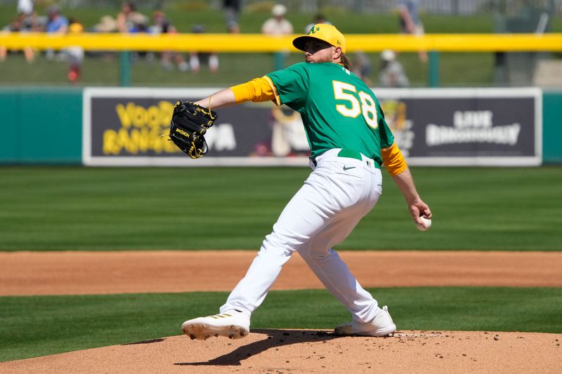 Mar 10, 2024; Mesa, Arizona, USA; Oakland Athletics starting pitcher Paul Blackburn (58) throws against the Kansas City Royals in the first inning at Hohokam Stadium. Mandatory Credit: Rick Scuteri-USA TODAY Sports