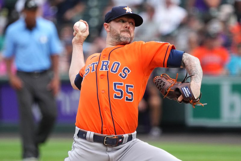 Jul 19, 2023; Denver, Colorado, USA; Houston Astros relief pitcher Ryan Pressly (55) delivers a pitch in the ninth inning against the Colorado Rockies at Coors Field. Mandatory Credit: Ron Chenoy-USA TODAY Sports