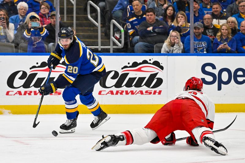 Apr 12, 2024; St. Louis, Missouri, USA;  St. Louis Blues left wing Brandon Saad (20) controls the puck against the Carolina Hurricanes during the second period at Enterprise Center. Mandatory Credit: Jeff Curry-USA TODAY Sports