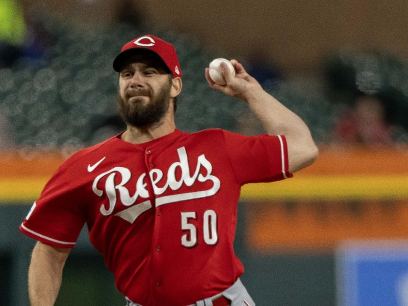 Sep 13, 2023; Detroit, Michigan, USA; Cincinnati Reds relief pitcher Sam Moll (50) throws in the fifth inning against the Detroit Tigers at Comerica Park. Mandatory Credit: David Reginek-USA TODAY Sports