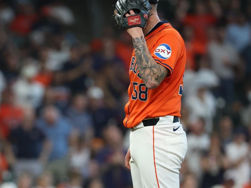Oct 2, 2024; Houston, Texas, USA; Houston Astros pitcher Hunter Brown (58) reacts before throwing against the Detroit Tigers during the second inning of game two of the Wildcard round for the 2024 MLB Playoffs at Minute Maid Park. Mandatory Credit: Thomas Shea-Imagn Images