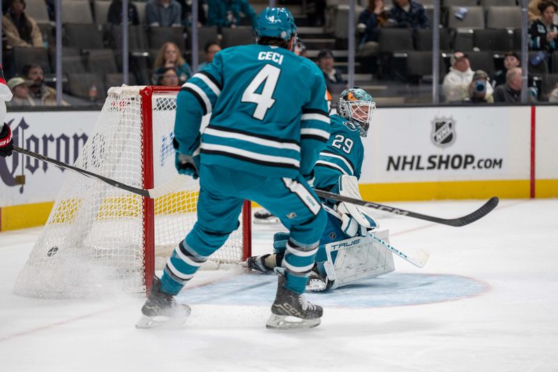 Nov 27, 2024; San Jose, California, USA; San Jose Sharks goaltender Mackenzie Blackwood (29) cannot stop the shot on goal by Ottawa Senators center Josh Norris (not pictured) during the first period at SAP Center at San Jose. Mandatory Credit: Neville E. Guard-Imagn Images