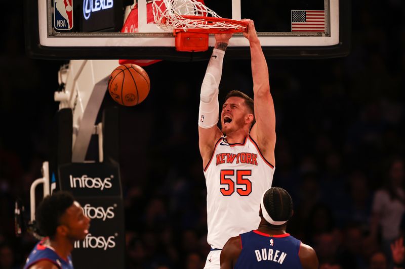 NEW YORK, NEW YORK - OCTOBER 21: Isaiah Hartenstein #55 of the New York Knicks reacts after dunking the ball during the second quarter of the game against the Detroit Pistons at Madison Square Garden on October 21, 2022 in New York City. NOTE TO USER: User expressly acknowledges and agrees that,  by downloading and or using this photograph,  User is consenting to the terms and conditions of the Getty Images License Agreement. (Photo by Dustin Satloff/Getty Images)