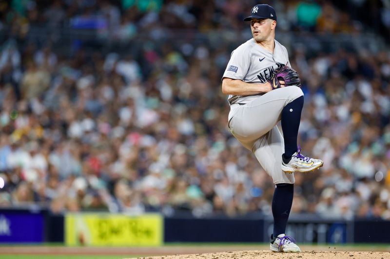 May 24, 2024; San Diego, California, USA; New York Yankees starting pitcher Carlos Rodon (55) throws a pitch in the fourth inning against the San Diego Padres at Petco Park. Mandatory Credit: David Frerker-USA TODAY Sports