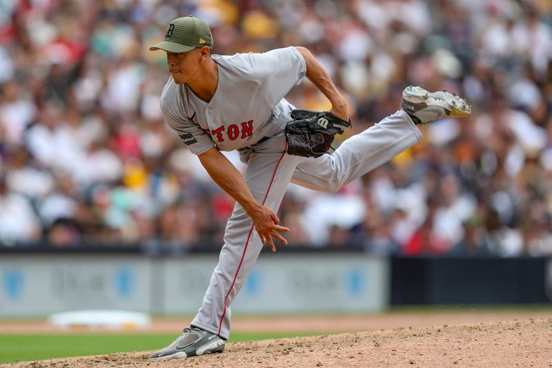 May 21, 2023; San Diego, California, USA;  Boston Red Sox relief pitcher Justin Garza (63) throws a pitch in the eighth inning against the San Diego Padres at Petco Park. Mandatory Credit: David Frerker-USA TODAY Sports