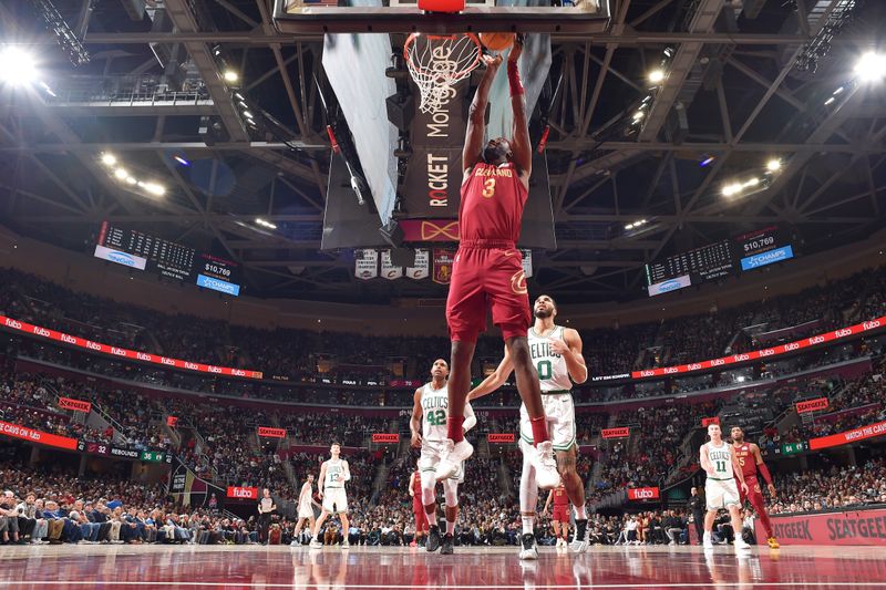 CLEVELAND, OH - DECEMBER 1: Caris LeVert #3 of the Cleveland Cavaliers drives to the basket during the game against the Boston Celtics on December 1, 2024 at Rocket Mortgage FieldHouse in Cleveland, Ohio. NOTE TO USER: User expressly acknowledges and agrees that, by downloading and/or using this Photograph, user is consenting to the terms and conditions of the Getty Images License Agreement. Mandatory Copyright Notice: Copyright 2024 NBAE (Photo by David Liam Kyle/NBAE via Getty Images)