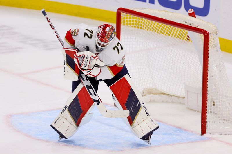 Mar 21, 2024; Sunrise, Florida, USA; Florida Panthers goaltender Sergei Bobrovsky (72) makes a save against the Nashville Predators during the third period at Amerant Bank Arena. Mandatory Credit: Sam Navarro-USA TODAY Sports