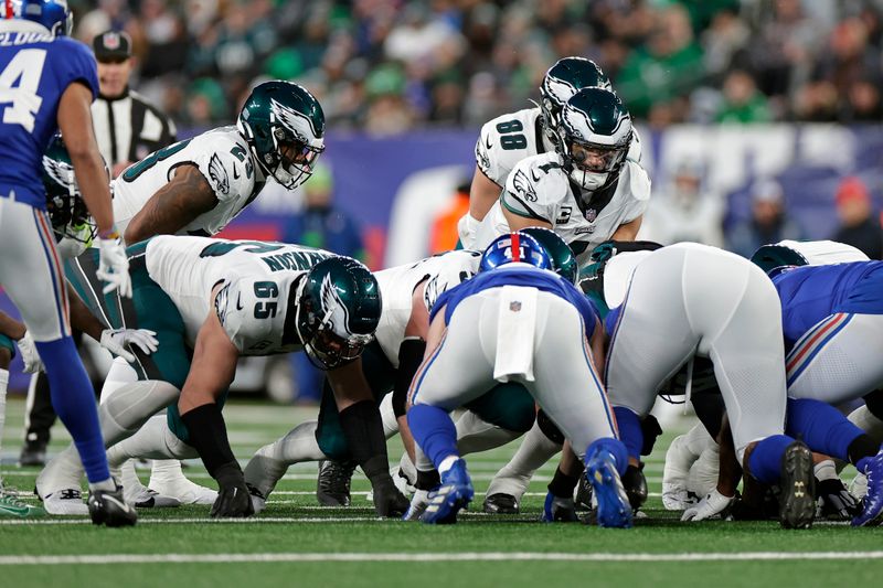 Philadelphia Eagles quarterback Jalen Hurts (1) in action against the New York Giants during an NFL football game Sunday, Jan. 7, 2024, in East Rutherford, N.J. (AP Photo/Adam Hunger)