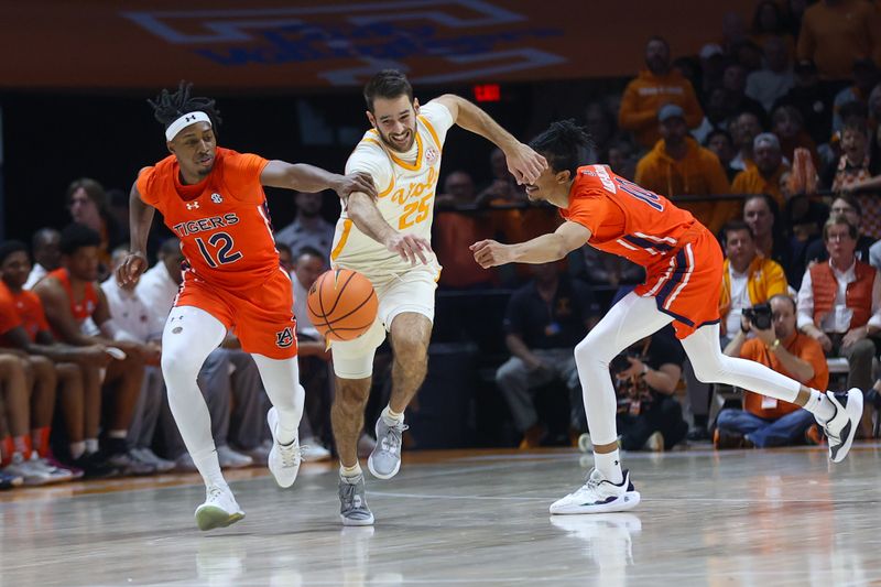 Feb 28, 2024; Knoxville, Tennessee, USA; Auburn Tigers guard Denver Jones (12) fouls Tennessee Volunteers guard Santiago Vescovi (25) during the second half at Thompson-Boling Arena at Food City Center. Mandatory Credit: Randy Sartin-USA TODAY Sports