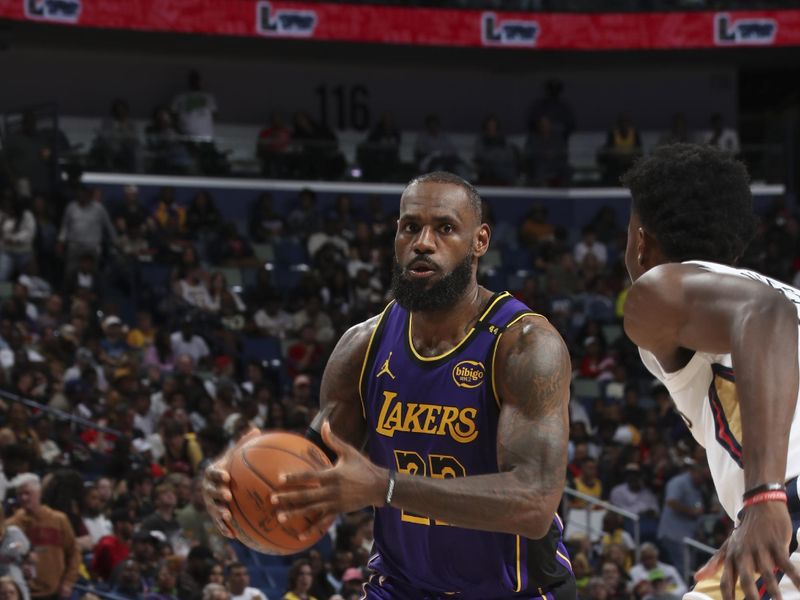 NEW ORLEANS, LA - NOVEMBER 16:  LeBron James #23 of the Los Angeles Lakers drives to the basket during the game against the New Orleans Pelicans on November 16, 2024 at the Smoothie King Center in New Orleans, Louisiana. NOTE TO USER: User expressly acknowledges and agrees that, by downloading and or using this Photograph, user is consenting to the terms and conditions of the Getty Images License Agreement. Mandatory Copyright Notice: Copyright 2024 NBAE (Photo by Layne Murdoch Jr./NBAE via Getty Images)