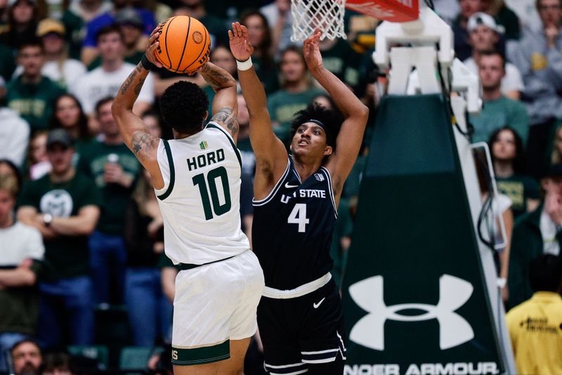 Feb 17, 2024; Fort Collins, Colorado, USA; Colorado State Rams guard Nique Clifford (10) attempts a shot against Utah State Aggies guard Ian Martinez (4) in the first half at Moby Arena. Mandatory Credit: Isaiah J. Downing-USA TODAY Sports