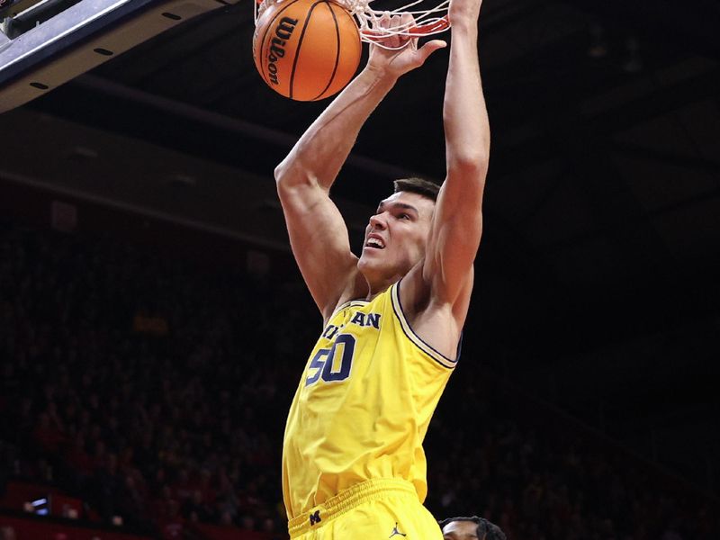 Feb 1, 2025; Piscataway, New Jersey, USA; Michigan Wolverines center Vladislav Goldin (50) dunks the ball during the first half against the Rutgers Scarlet Knights at Jersey Mike's Arena. Mandatory Credit: Vincent Carchietta-Imagn Images