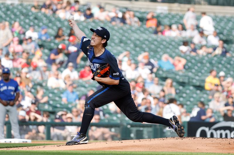 May 24, 2024; Detroit, Michigan, USA; Detroit Tigers pitcher Kenta Maeda (18) pitches during the first inning of the game against the Toronto Blue Jays at Comerica Park. Mandatory Credit: Brian Bradshaw Sevald-USA TODAY Sports