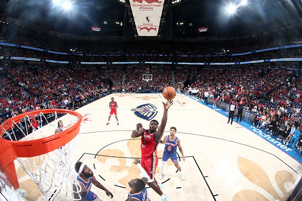 NEW ORLEANS, LA - OCTOBER 28: Zion Williamson #1 of the New Orleans Pelicans shoots the ball during the game against the New York Knicks on October 28, 2023 at the Smoothie King Center in New Orleans, Louisiana. NOTE TO USER: User expressly acknowledges and agrees that, by downloading and or using this Photograph, user is consenting to the terms and conditions of the Getty Images License Agreement. Mandatory Copyright Notice: Copyright 2023 NBAE (Photo by Layne Murdoch Jr./NBAE via Getty Images)