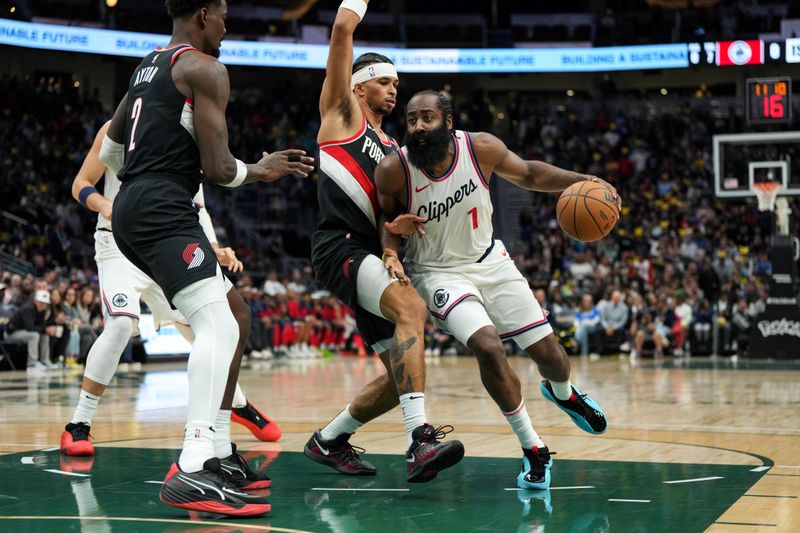 SEATTLE, WA - OCTOBER 11: James Harden #1 of the LA Clippers drives to the basket during the game against the Portland Trail Blazers during a NBA Preseason game on October 11, 2024 at the Climate Pledge Arena in Seattle, Washington. NOTE TO USER: User expressly acknowledges and agrees that, by downloading and or using this photograph, user is consenting to the terms and conditions of the Getty Images License Agreement. Mandatory Copyright Notice: Copyright 2024 NBAE (Photo by Liv Lyons/NBAE via Getty Images)