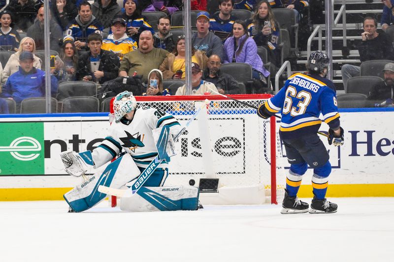 Nov 21, 2024; St. Louis, Missouri, USA;  St. Louis Blues left wing Jake Neighbours (63) scores against San Jose Sharks goaltender Yaroslav Askarov (30) in shootouts at Enterprise Center. Mandatory Credit: Jeff Curry-Imagn Images