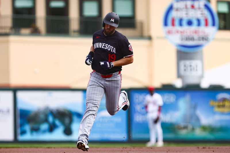 Mar 5, 2024; Jupiter, Florida, USA; Minnesota Twins first baseman Alex Kirilloff (19) circles the bases after hitting a home run against the St. Louis Cardinals during the first inning at Roger Dean Chevrolet Stadium. Mandatory Credit: Sam Navarro-USA TODAY Sports