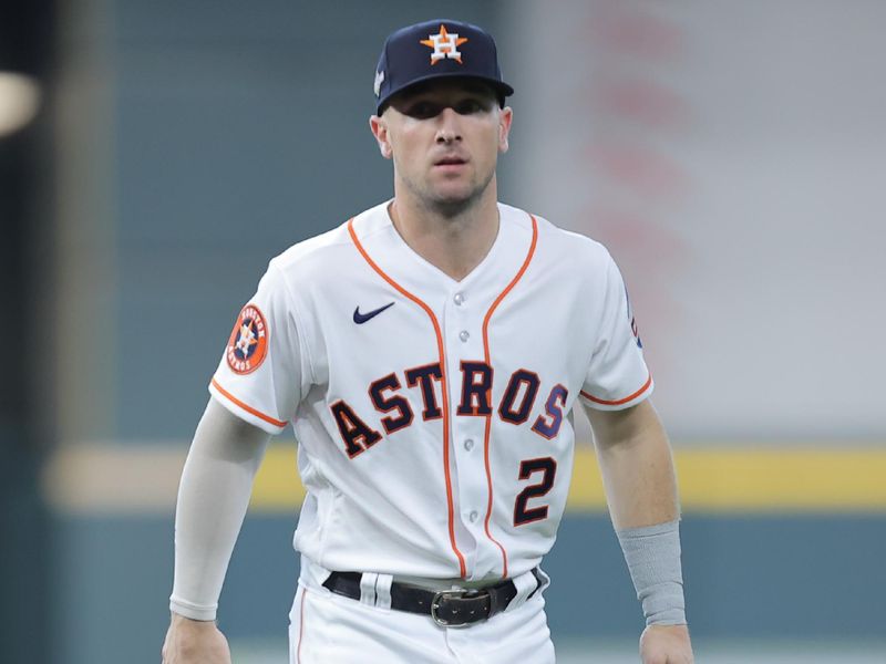 Oct 7, 2023; Houston, Texas, USA; Houston Astros third baseman Alex Bregman (2) walks the field prior to the game against the Minnesota Twins during game one of the ALDS for the 2023 MLB playoffs at Minute Maid Park. Mandatory Credit: Erik Williams-USA TODAY Sports